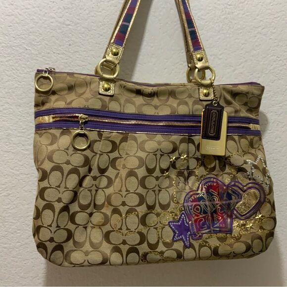 Coach Poppy Tartan Plaid Glam 15882 Shoulder Handbag Tote - Tan Purple Gold - Picture 3 of 16